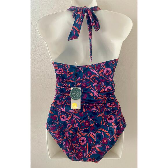 Boden | Swim NWT Levanoz Ruched One Piece Halter Purple and Pink Floral Size 6 - Picture 6 of 7